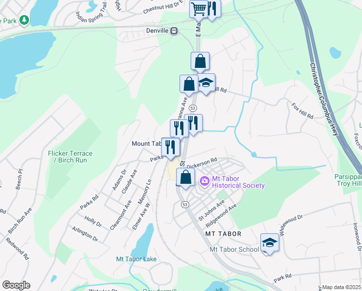 map of restaurants, bars, coffee shops, grocery stores, and more near 495 East Main Street in Denville
