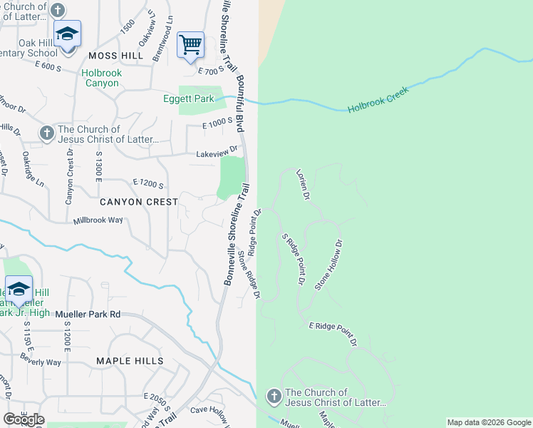 map of restaurants, bars, coffee shops, grocery stores, and more near 1742 East Ridge Point Drive in Bountiful