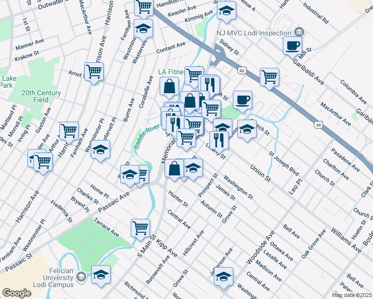 map of restaurants, bars, coffee shops, grocery stores, and more near 4 Memorial Drive in Lodi