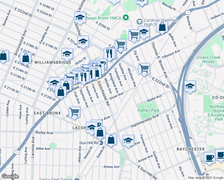 map of restaurants, bars, coffee shops, grocery stores, and more near 1600 Tillotson Avenue in Bronx