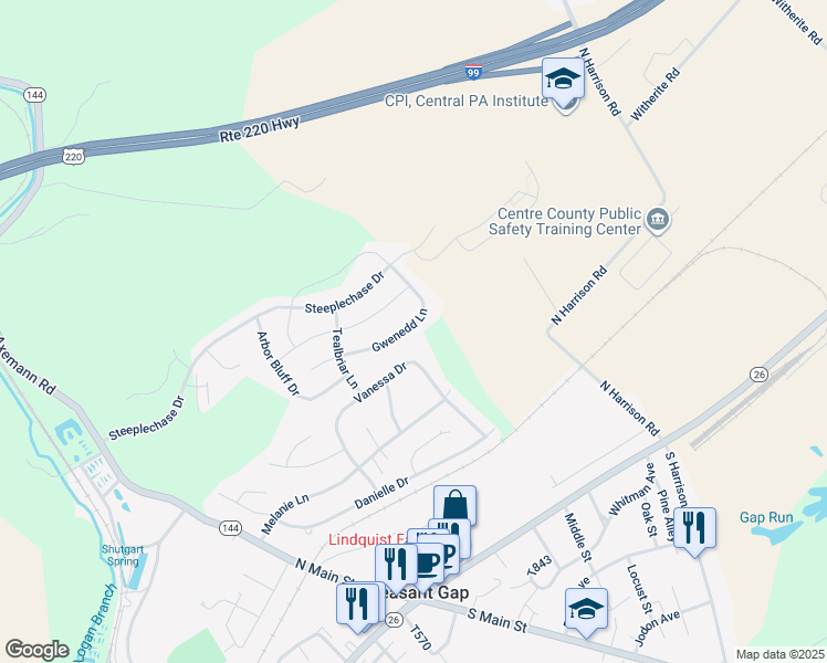 map of restaurants, bars, coffee shops, grocery stores, and more near 244 Gwenedd Lane in Bellefonte