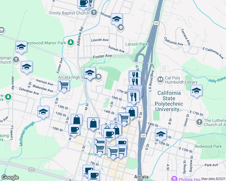 map of restaurants, bars, coffee shops, grocery stores, and more near 1691 J Street in Arcata