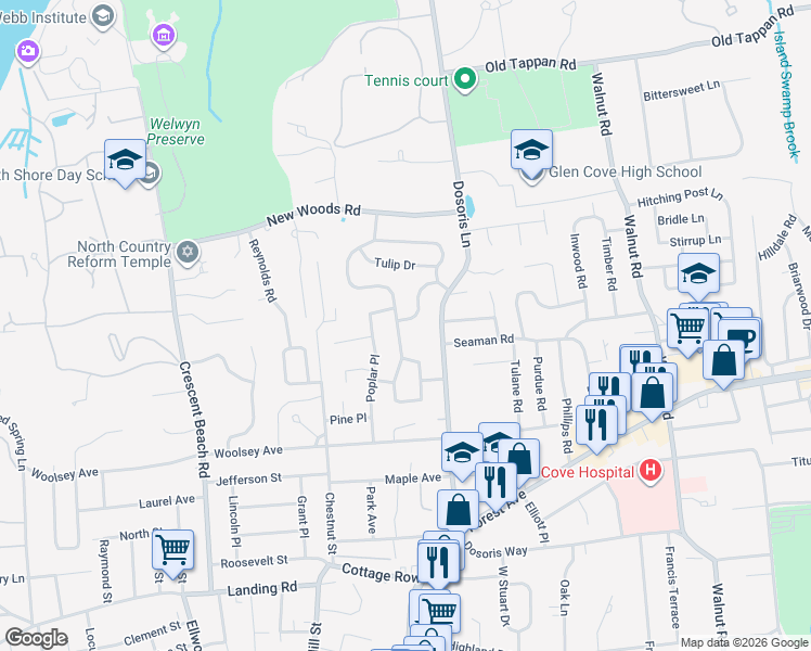 map of restaurants, bars, coffee shops, grocery stores, and more near 3 Appletree Lane in Glen Cove