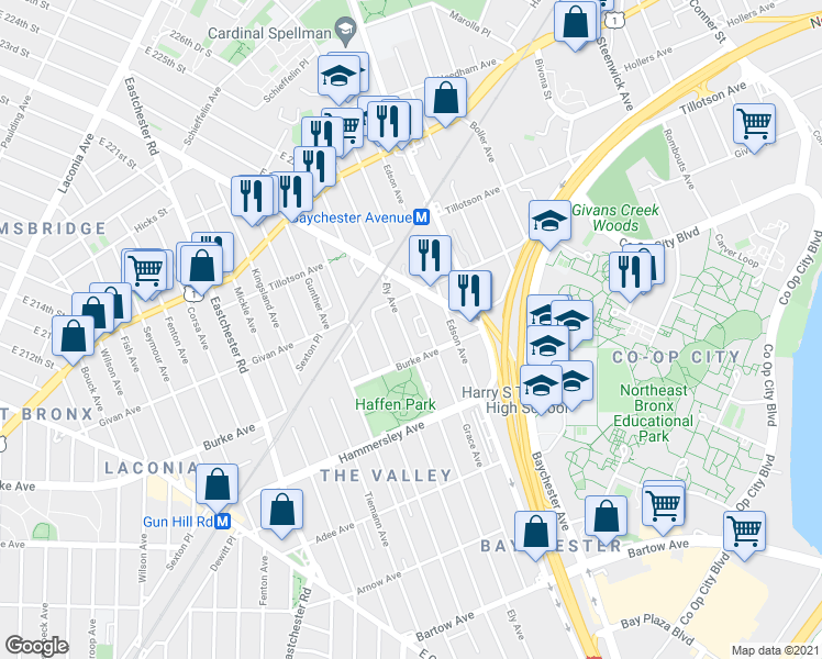 map of restaurants, bars, coffee shops, grocery stores, and more near 1906 Givan Avenue in Bronx
