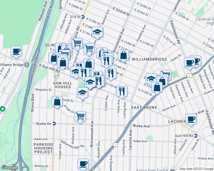 map of restaurants, bars, coffee shops, grocery stores, and more near 934 East 212th Street in Bronx