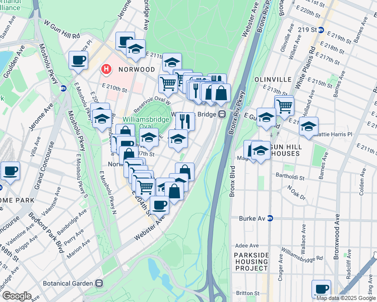 map of restaurants, bars, coffee shops, grocery stores, and more near in The Bronx