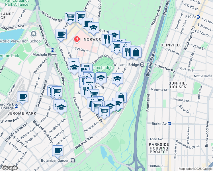 map of restaurants, bars, coffee shops, grocery stores, and more near 3288 Holt Place in The Bronx