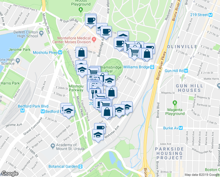 map of restaurants, bars, coffee shops, grocery stores, and more near 3225 Reservoir Oval East in The Bronx