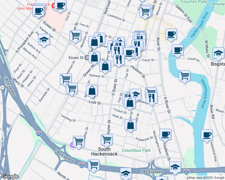 map of restaurants, bars, coffee shops, grocery stores, and more near 54 South State Street in Hackensack