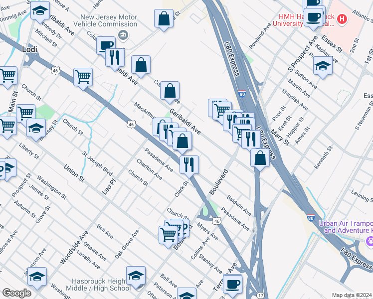 map of restaurants, bars, coffee shops, grocery stores, and more near 1 MacArthur Avenue in Lodi