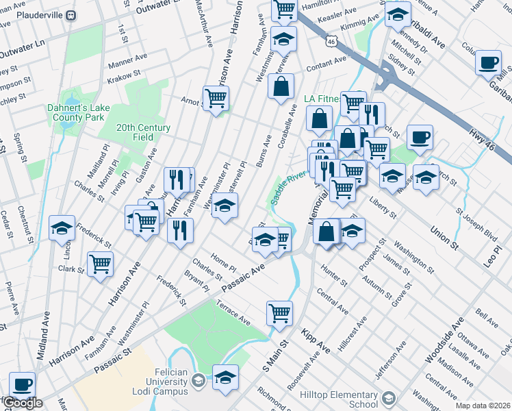 map of restaurants, bars, coffee shops, grocery stores, and more near 55 Corabelle Avenue in Lodi