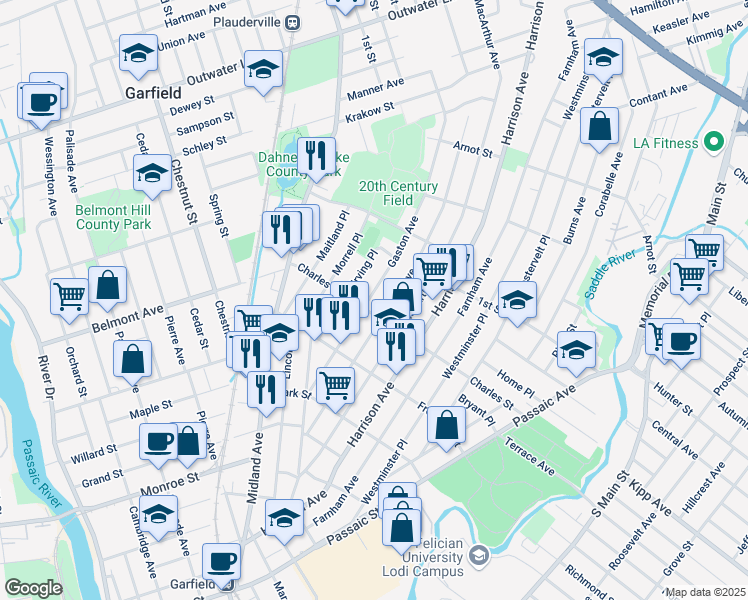 map of restaurants, bars, coffee shops, grocery stores, and more near 63 Irving Place in Garfield
