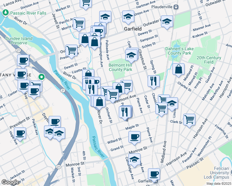 map of restaurants, bars, coffee shops, grocery stores, and more near 340 Palisade Avenue in Garfield