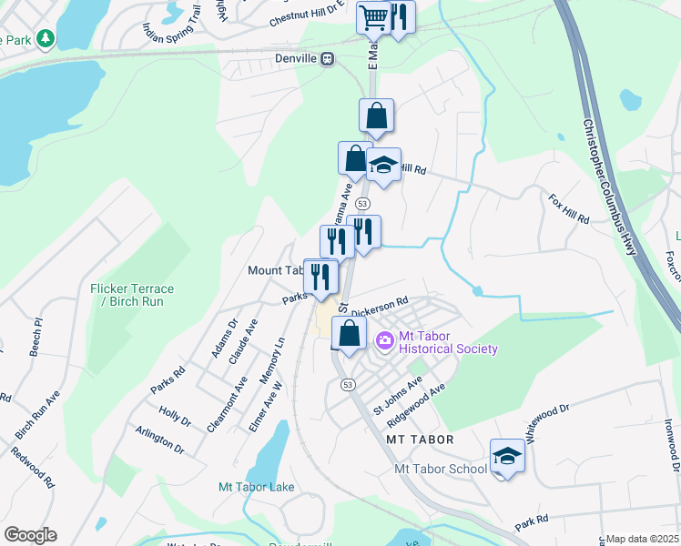 map of restaurants, bars, coffee shops, grocery stores, and more near 475 East Main Street in Denville
