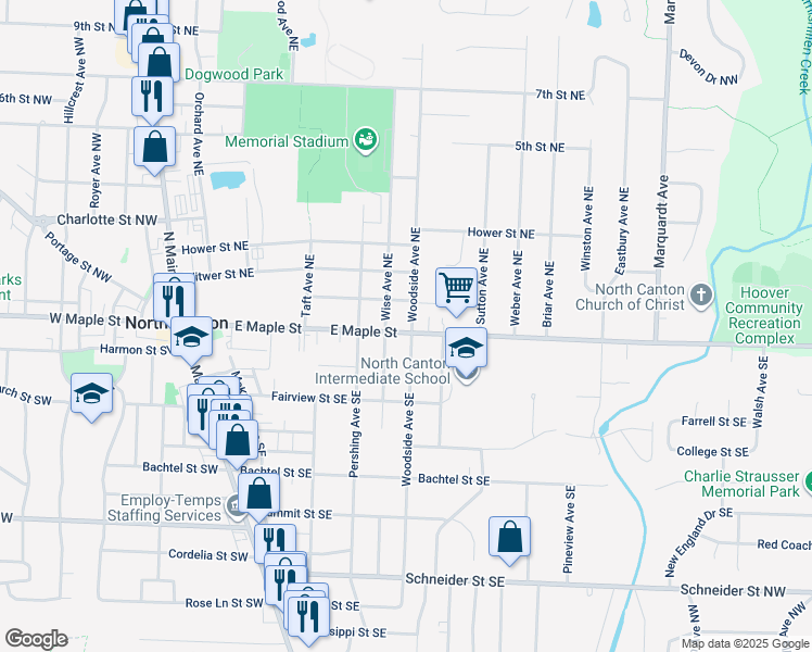 map of restaurants, bars, coffee shops, grocery stores, and more near 127 Woodside Avenue Northeast in North Canton