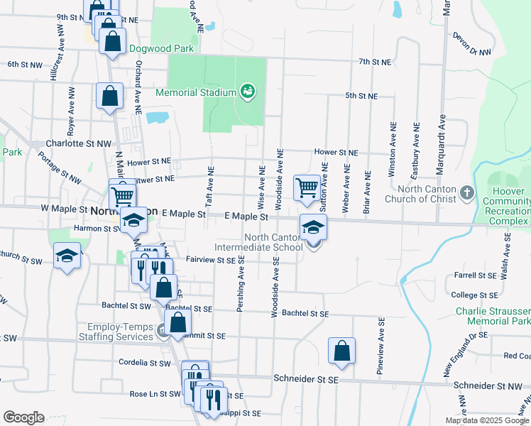 map of restaurants, bars, coffee shops, grocery stores, and more near 129 Wise Avenue Northeast in North Canton