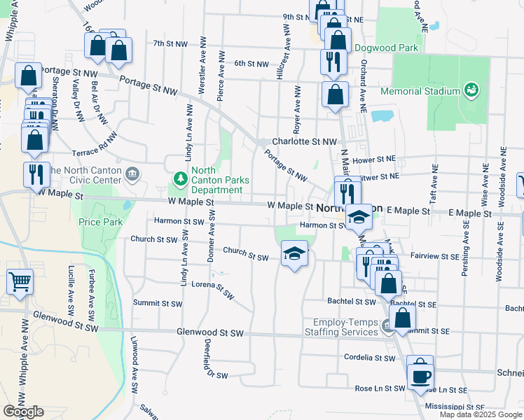 map of restaurants, bars, coffee shops, grocery stores, and more near 114 Willaman Avenue Northwest in North Canton