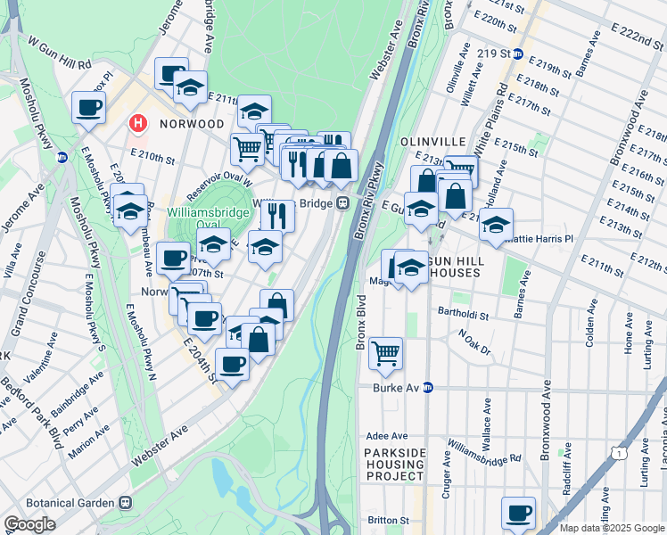 map of restaurants, bars, coffee shops, grocery stores, and more near 3317 Parkside Place in Bronx
