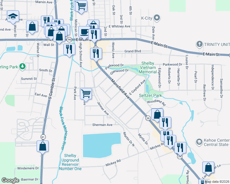 map of restaurants, bars, coffee shops, grocery stores, and more near 79 Mansfield Avenue in Shelby