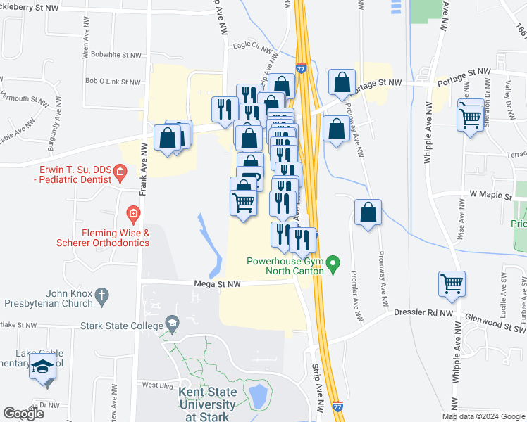 map of restaurants, bars, coffee shops, grocery stores, and more near 6493 Strip Avenue Northwest in North Canton