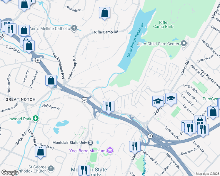 map of restaurants, bars, coffee shops, grocery stores, and more near 637 Rifle Camp Road in Woodland Park