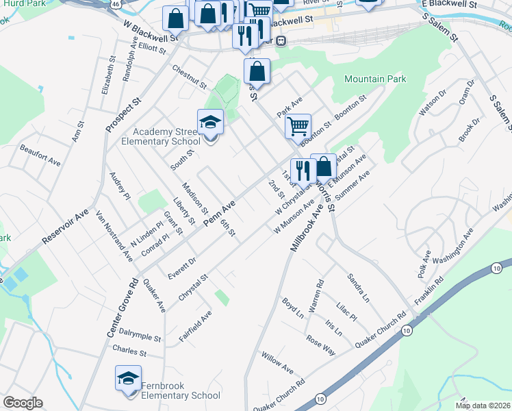 map of restaurants, bars, coffee shops, grocery stores, and more near 70 Penn Avenue in Dover