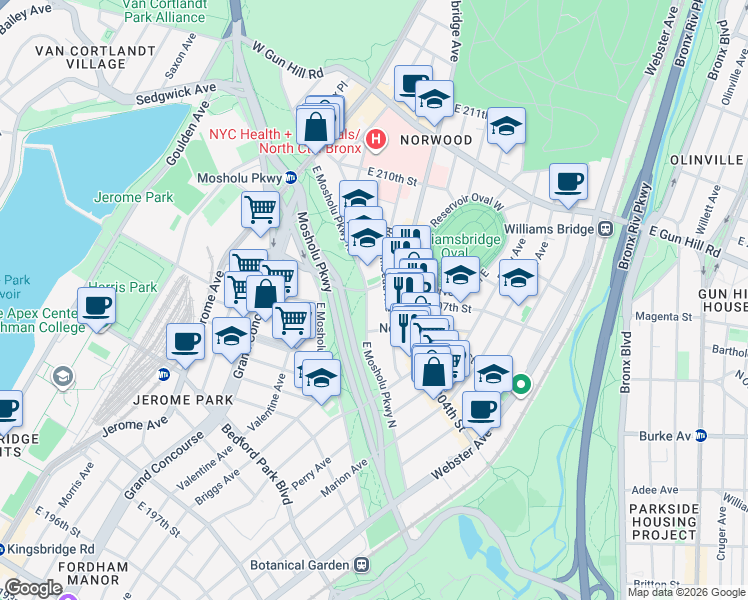map of restaurants, bars, coffee shops, grocery stores, and more near 230 Van Cortlandt Avenue East in Bronx