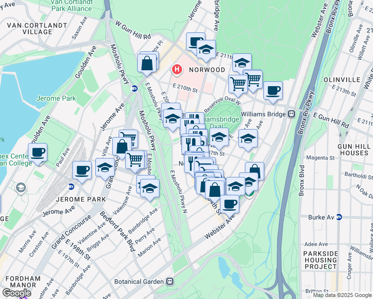 map of restaurants, bars, coffee shops, grocery stores, and more near 3186 Rochambeau Avenue in Bronx