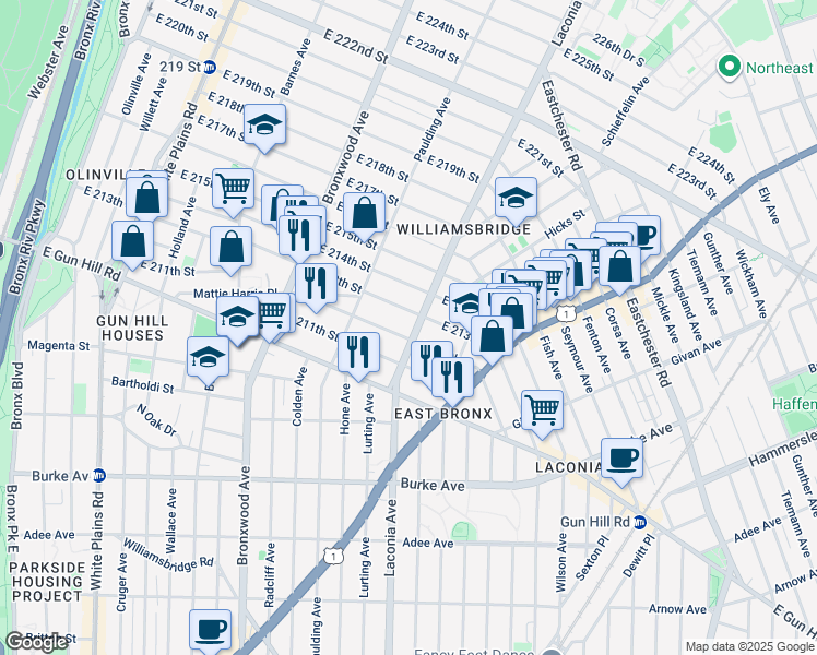 map of restaurants, bars, coffee shops, grocery stores, and more near 1037 East 213th Street in Bronx