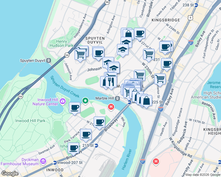 map of restaurants, bars, coffee shops, grocery stores, and more near 176 West 225th Street in Bronx