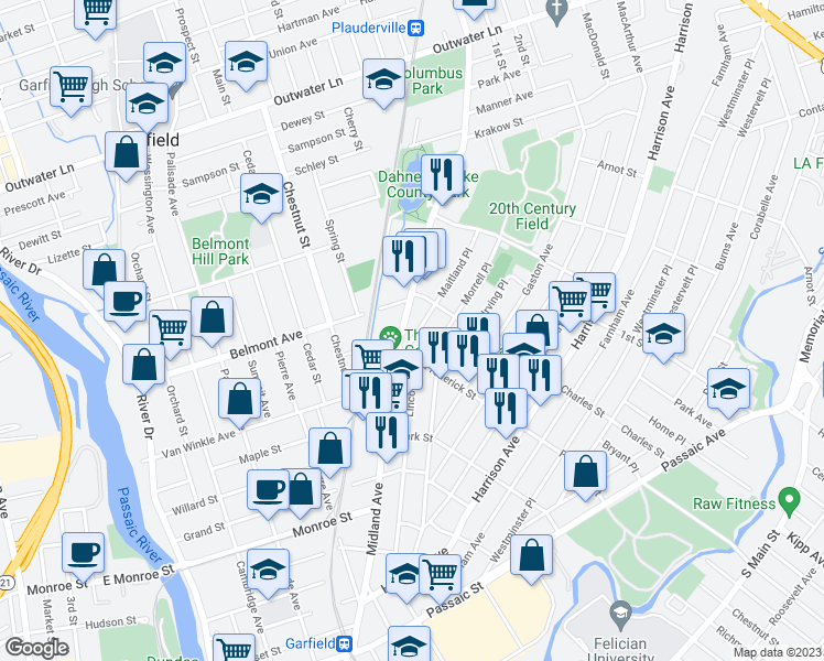 map of restaurants, bars, coffee shops, grocery stores, and more near 15 Maitland Place in Garfield