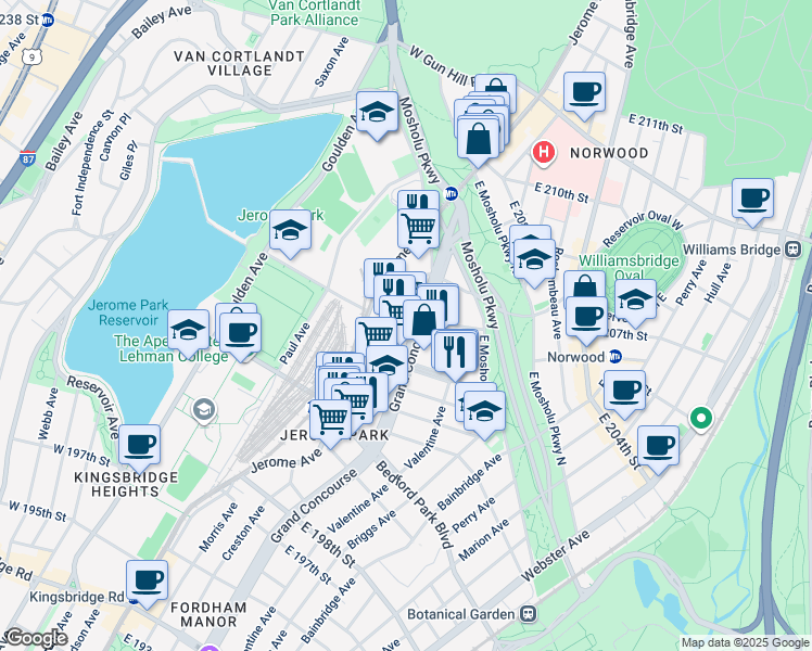 map of restaurants, bars, coffee shops, grocery stores, and more near 3155 Grand Concourse in The Bronx