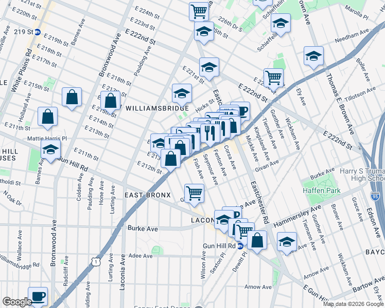 map of restaurants, bars, coffee shops, grocery stores, and more near Boston Rd & Fish Ave in Bronx