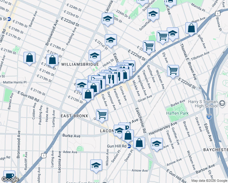 map of restaurants, bars, coffee shops, grocery stores, and more near 3464 Boston Road in Bronx
