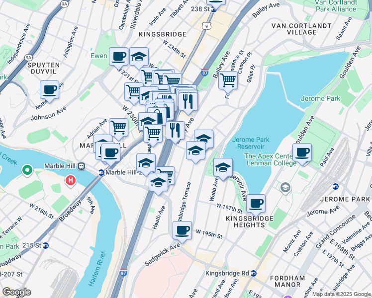 map of restaurants, bars, coffee shops, grocery stores, and more near West 230th Street & Heath Avenue in Bronx