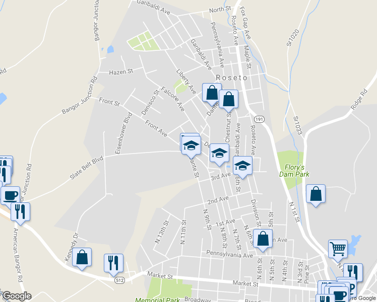 map of restaurants, bars, coffee shops, grocery stores, and more near 123 Front Street in Roseto