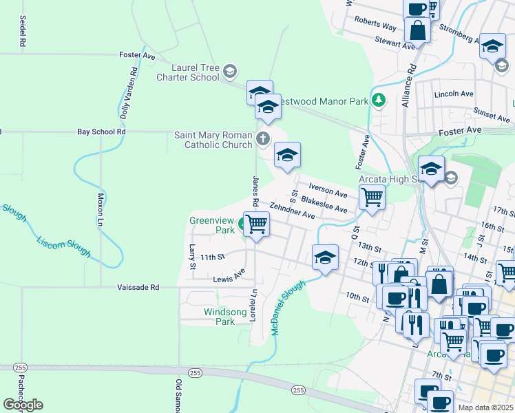 map of restaurants, bars, coffee shops, grocery stores, and more near 1992 Zehndner Avenue in Arcata
