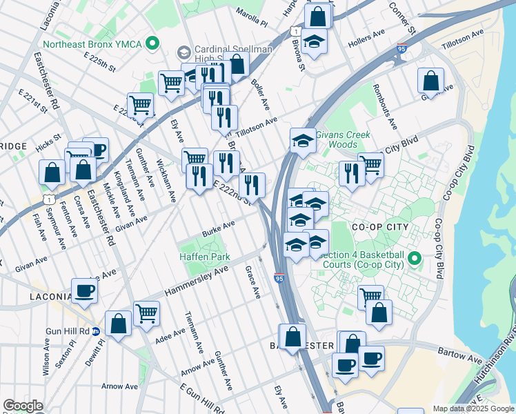 map of restaurants, bars, coffee shops, grocery stores, and more near 1495 East 222nd Street in Bronx
