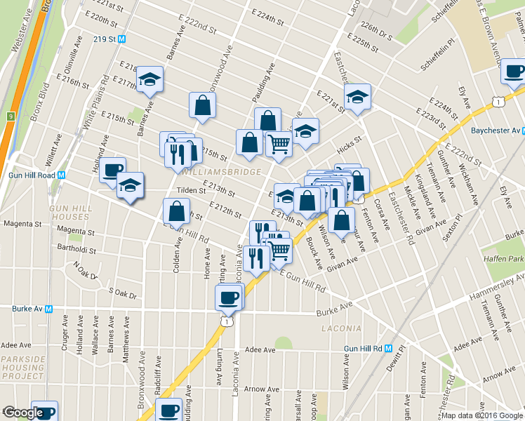 map of restaurants, bars, coffee shops, grocery stores, and more near 1102 East 214th Street in Bronx