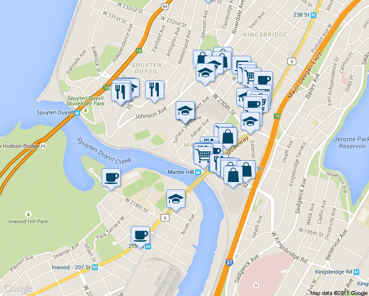 map of restaurants, bars, coffee shops, grocery stores, and more near 21 Adrian Avenue in Bronx