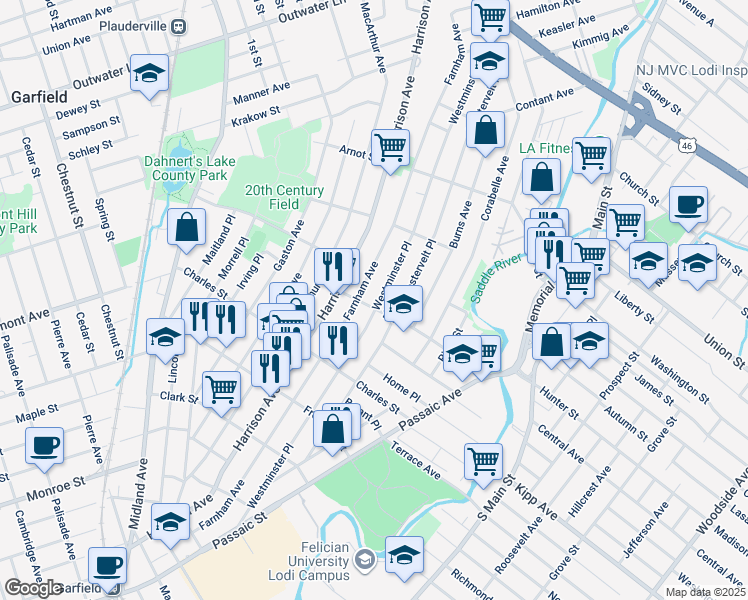 map of restaurants, bars, coffee shops, grocery stores, and more near 263 Westminster Place in Lodi