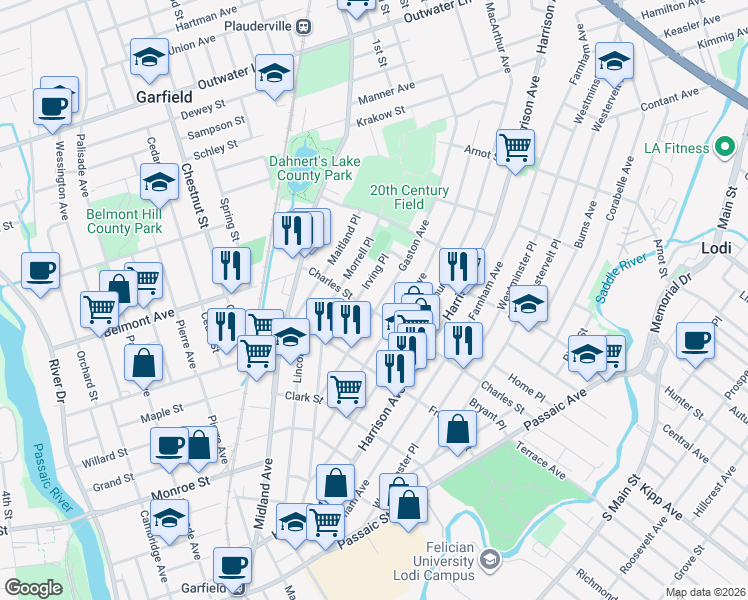 map of restaurants, bars, coffee shops, grocery stores, and more near 63 Irving Place in Garfield