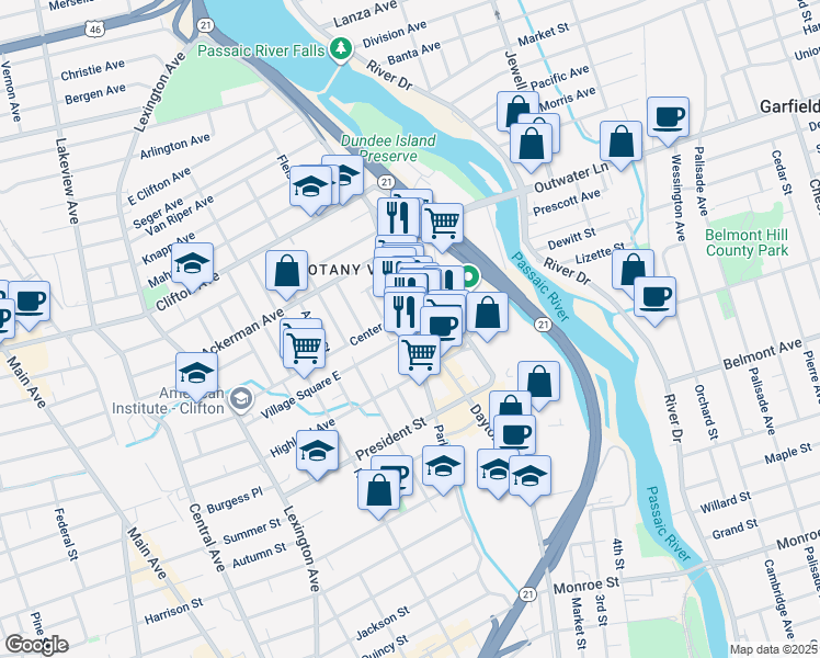 map of restaurants, bars, coffee shops, grocery stores, and more near 255 Parker Avenue in Clifton