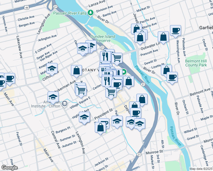 map of restaurants, bars, coffee shops, grocery stores, and more near 255 Parker Avenue in Clifton