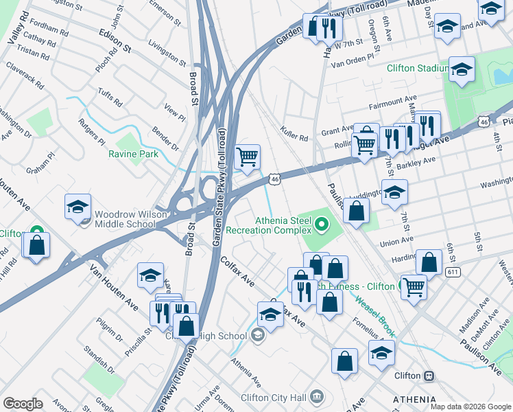 map of restaurants, bars, coffee shops, grocery stores, and more near 709 U.S. 46 in Clifton