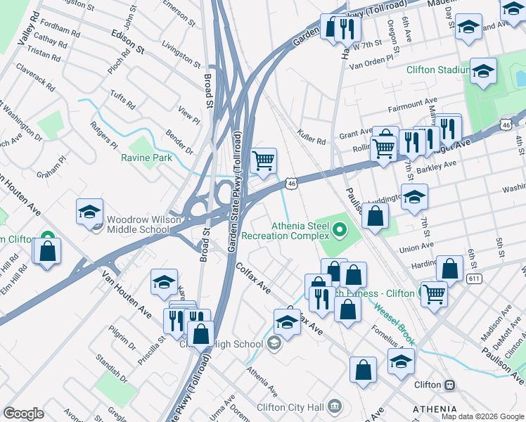 map of restaurants, bars, coffee shops, grocery stores, and more near 709 U.S. 46 in Clifton