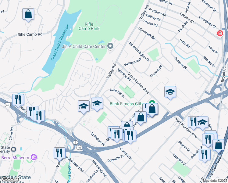 map of restaurants, bars, coffee shops, grocery stores, and more near 94 Long Hill Drive in Clifton