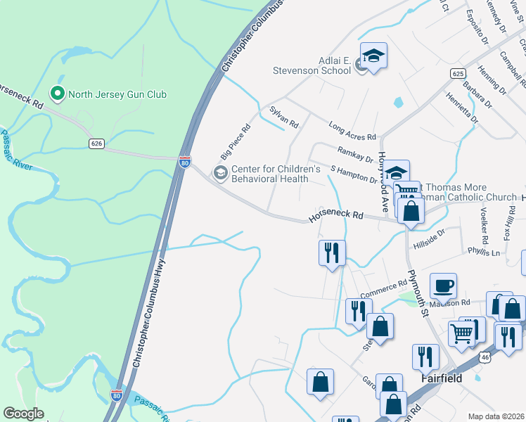 map of restaurants, bars, coffee shops, grocery stores, and more near 3 Cole Road in Fairfield
