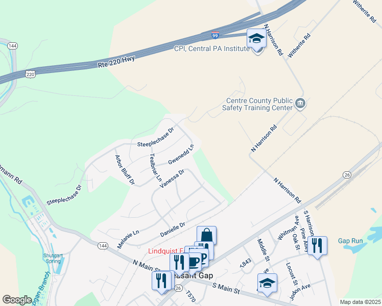map of restaurants, bars, coffee shops, grocery stores, and more near 238 Gwenedd Lane in Bellefonte