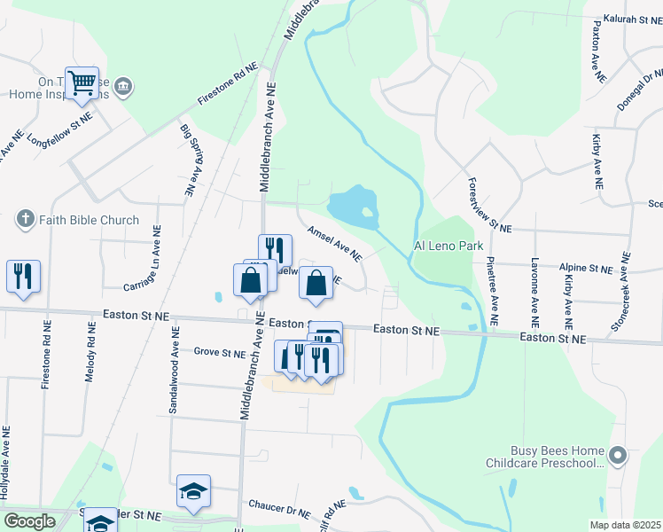 map of restaurants, bars, coffee shops, grocery stores, and more near 6717 Amsel Avenue Northeast in Canton